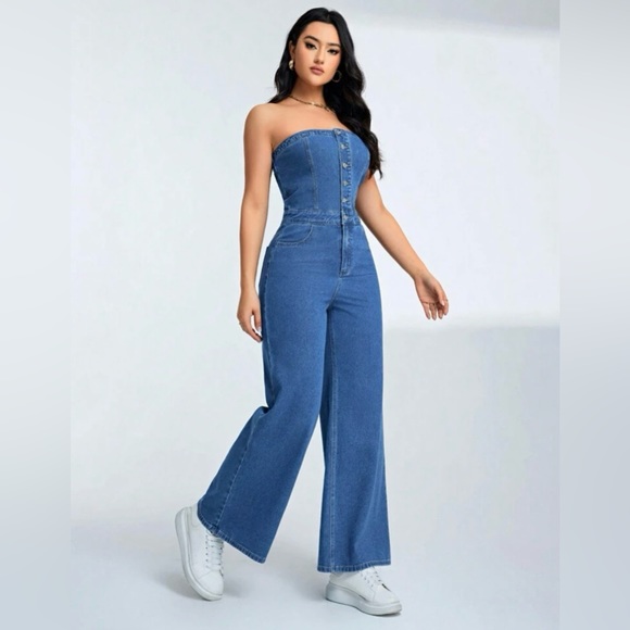 NWT Bonnie Boom Strapless Denim Jumpsuit - Picture 3 of 6